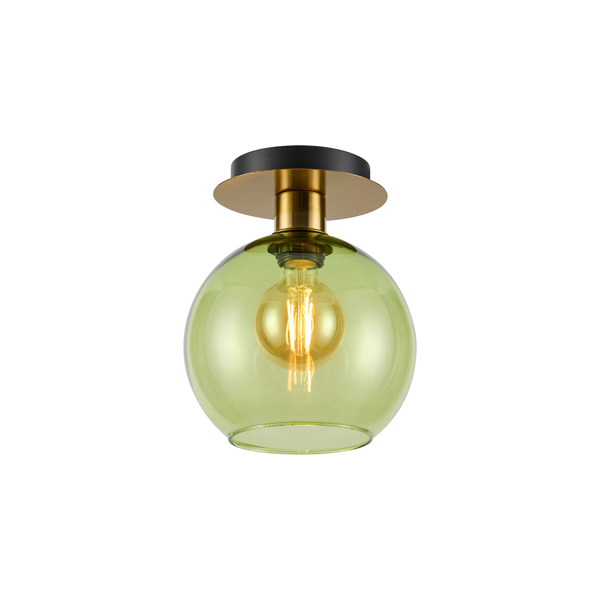 DK1239  Lori 15cm Round Ceiling Flush, 1 Light Flush Fitting E27, Antique Gold/Green Open Mouth Round Globe Shades